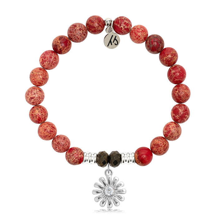 Red Jasper Stone Bracelet with Daisy Sterling Silver Charm