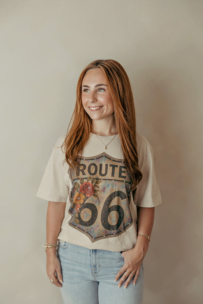 Route 66 Floral Graphic Tee Taupe
