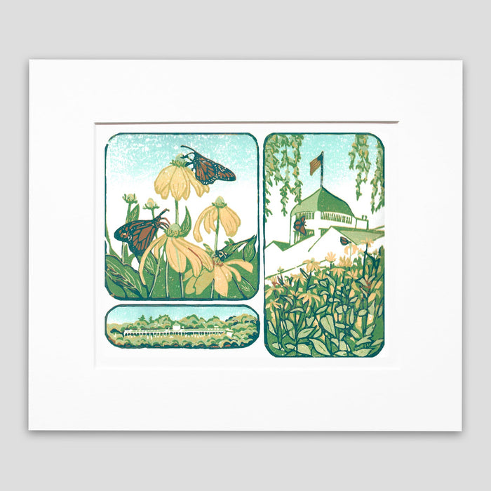 Mackinac Island art created by Natalia Wohletz of Peninsula Prints.  Secret Garden is an original block print featuring Monarch butterflies sipping nectar in Grand Hotel's Secret Garden on a sunny summer day.