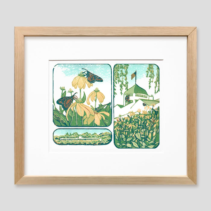 Mackinac Island art created by Natalia Wohletz of Peninsula Prints.  Secret Garden is an original block print featuring Monarch butterflies sipping nectar in Grand Hotel's Secret Garden on a sunny summer day.