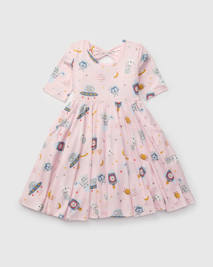 Loulou Lollipop Short Sleeve Skater Dress in Astro Explorers — front view on white background