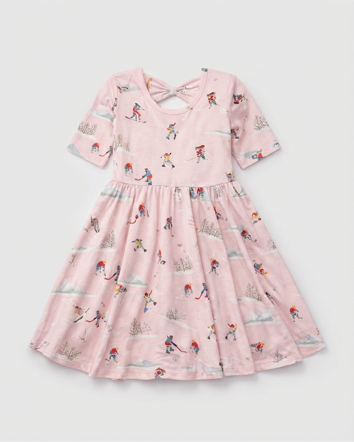 Loulou Lollipop Short Sleeve Skater Dress in She Shoots She Scores — front view on white background