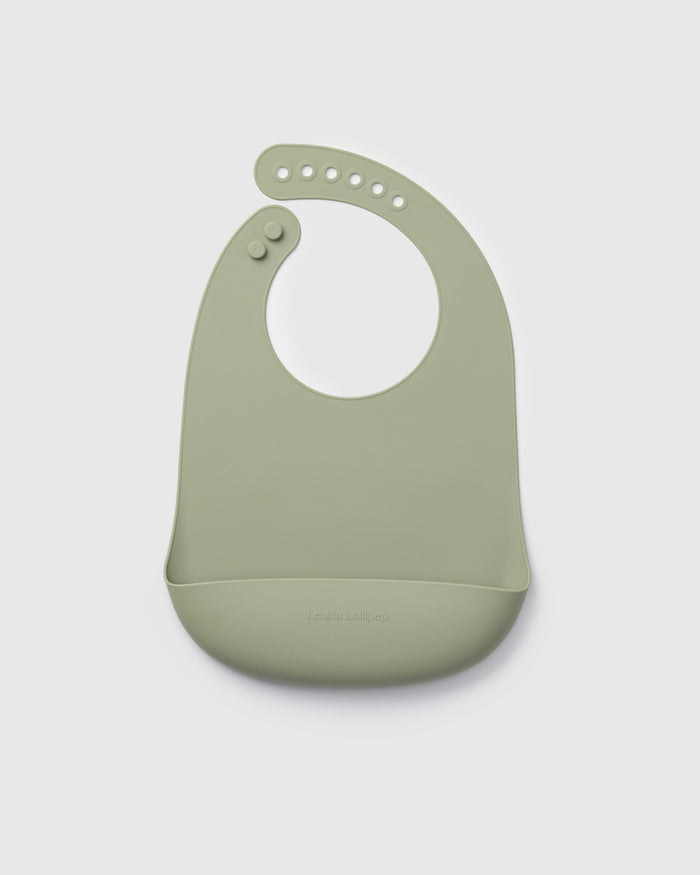 Loulou Lollipop FDA-compliant food-grade silicone baby bib in Silver Sage — front view on white background