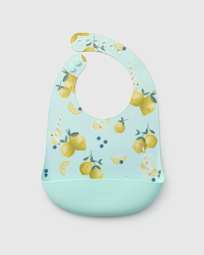 Loulou Lollipop FDA-compliant food-grade silicone baby bib in Lemon Squeezy — front view on white background