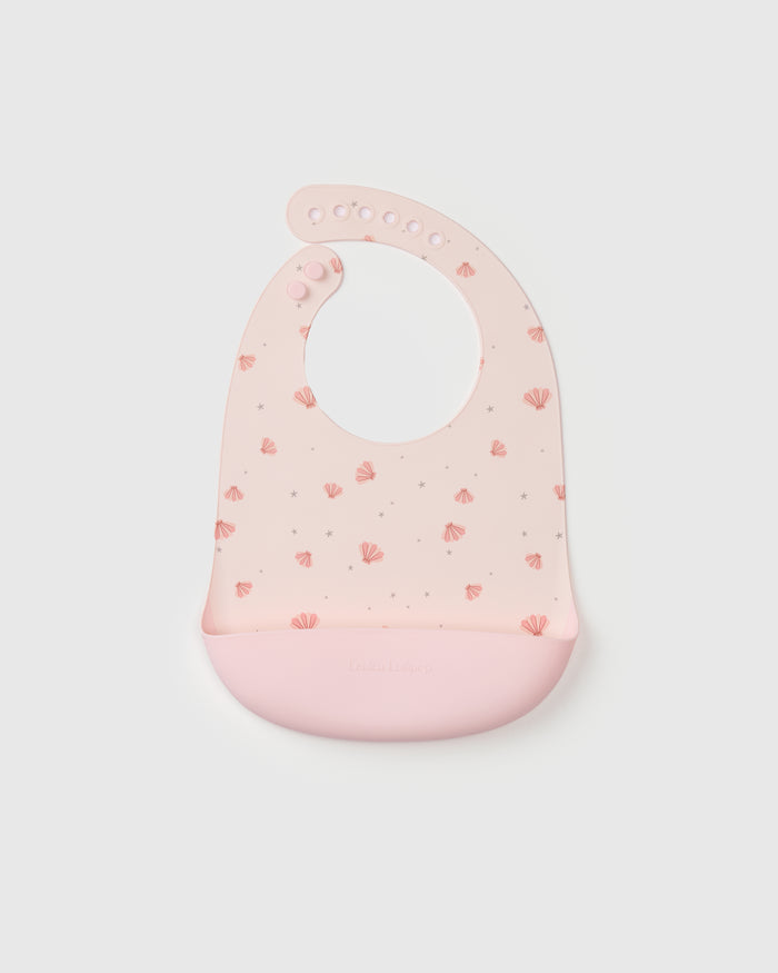 Loulou Lollipop FDA-compliant food-grade silicone baby bib in Pink Seashells — front view on white background