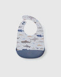 Loulou Lollipop FDA-compliant food-grade silicone baby bib in Smiley Sharks — front view on white background