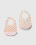 Loulou Lollipop FDA-compliant food-grade silicone baby bib set in Seashell and Pink Checkerboard - front view on white background