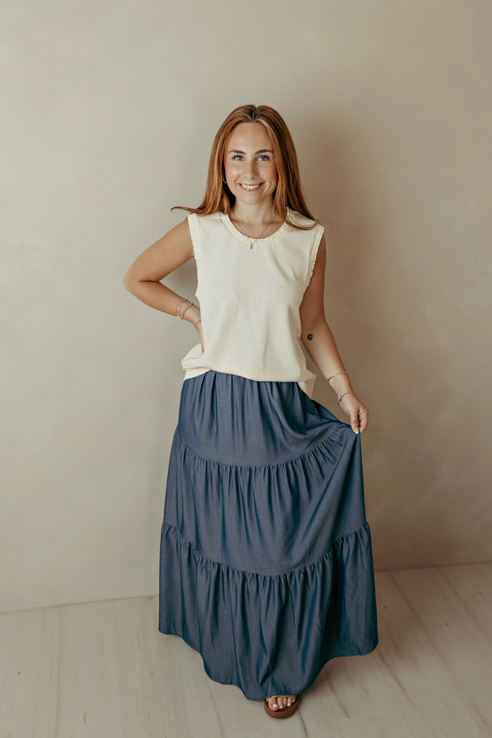 Smocked Edge Casual Tank Top Ivory