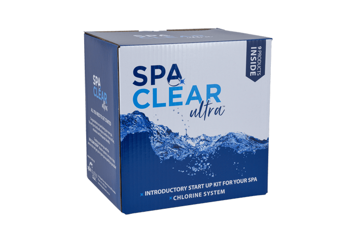 Spa Clear ULTRA Start Up Kit for portable spas including chlorine sanitiser, oxy shock, clarifier, pH and alkalinity balancers, calcium increaser, filter cleaner, spa sponge, and 5-in-1 water test strips for complete spa maintenance.
