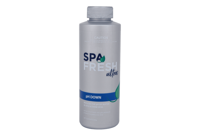 Spa Fresh Ultra pH Down 500g granular spa water balancing chemical used to reduce pH and alkalinity levels in spas and hot tubs.