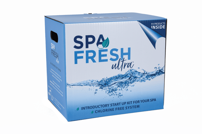 Spa Fresh Ultra Start Up Kit for swim spas featuring chlorine-free sanitiser, Oxy Shock, clarifier, chlorine remover, pH and alkalinity balancers, calcium increaser, filter cleaner, and test strips for complete swim spa water maintenance.