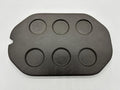 Oval Charcoal spa lid esky with five integrated drink holders shown from top and underside views