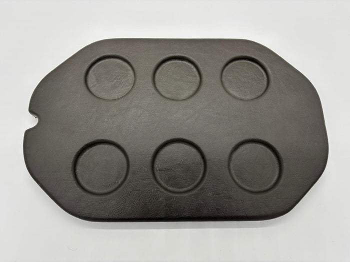 Oval Charcoal spa lid esky with five integrated drink holders shown from top and underside views