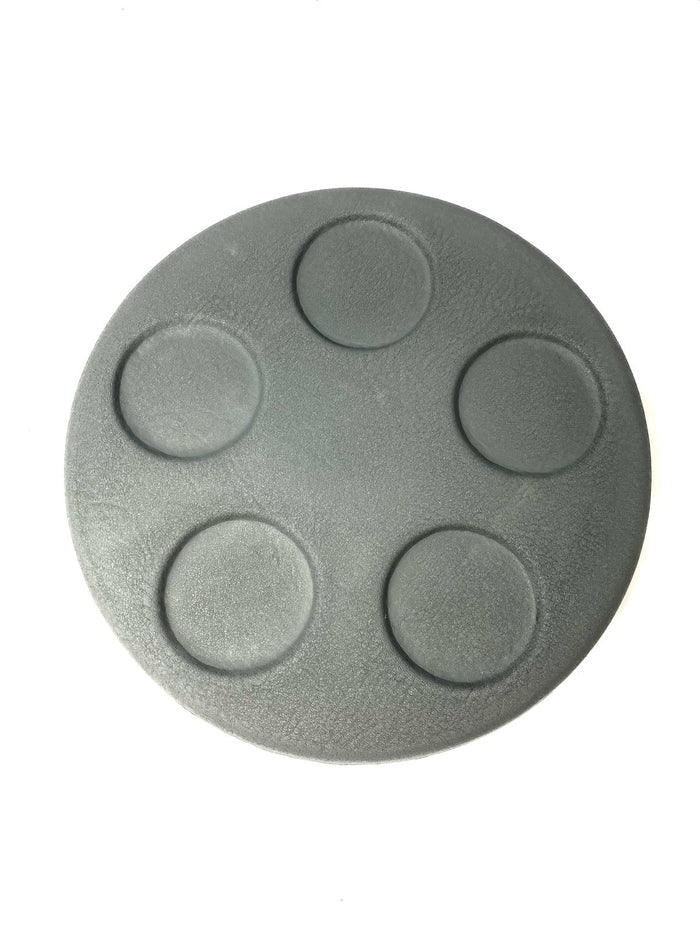 Round Charcoal spa lid esky with five integrated drink holders shown from top and underside views