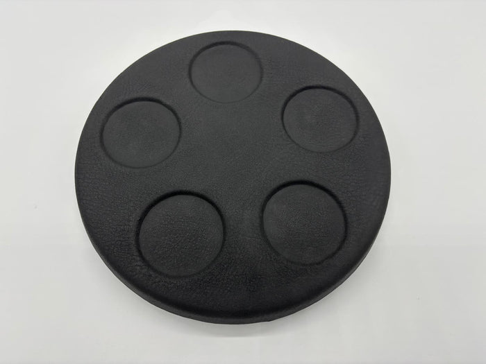 Round dark grey spa lid esky with five integrated drink holders shown from top and underside views