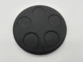 Round dark grey spa lid esky with five integrated drink holders shown from top and underside views