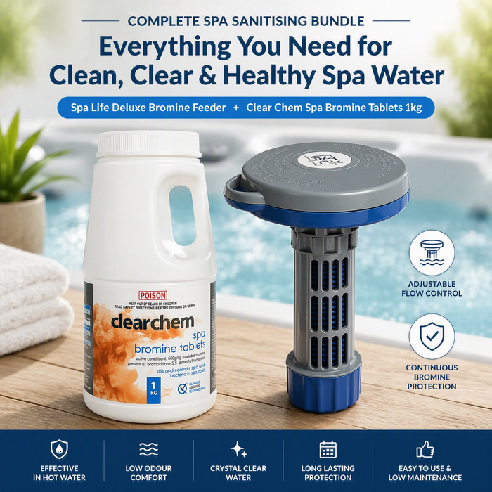 Spa Life Deluxe Spa Bromine Feeder with Clear Chem Spa Bromine Tablets 1kg bundle featuring adjustable floating bromine dispenser and premium slow-dissolving spa sanitiser tablets for hot tubs and spas