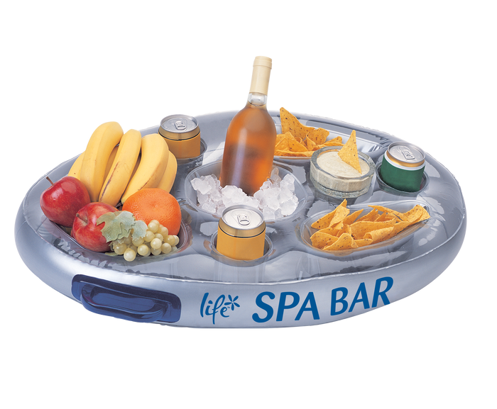 Life Inflatable Spa Bar floating drinks and snacks tray with multiple cup holders and storage compartments for hot tubs, spas, and swimming pools.