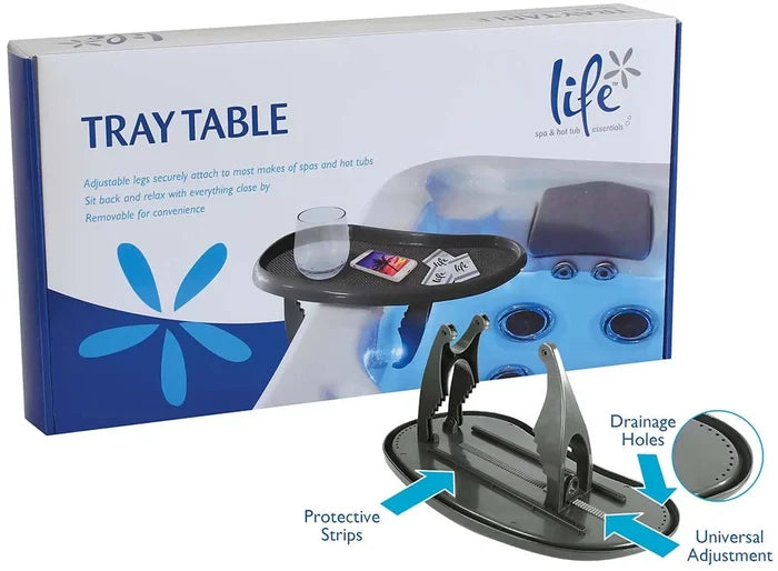 Clip-on spa tray table attached to hot tub edge holding a glass, phone, and cards on a non-slip surface