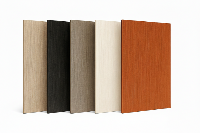 Spa cabinet doors made from composite polyester material shown in Timber, Whitewash, Grey, Charcoal and Ash colours with woodƒ??grain finish