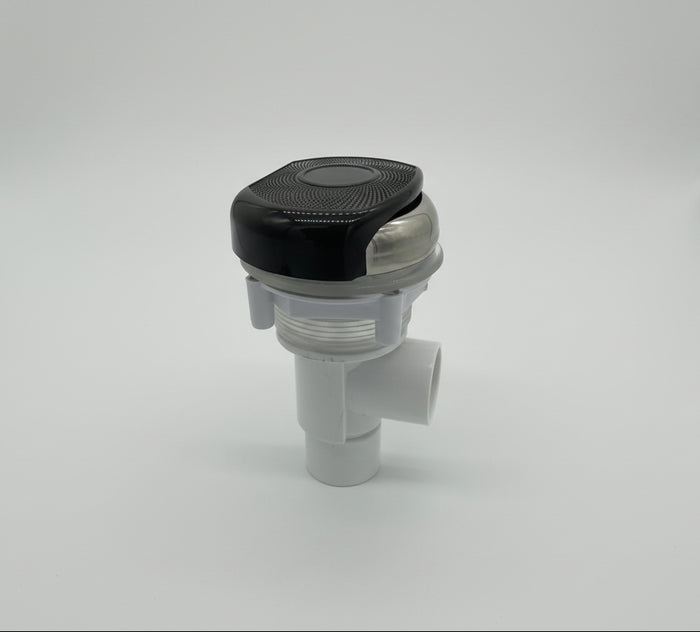Balboa 2ƒ??way water flow control valve assembly shown disassembled with cap, stem, valve body, and fittings, used for controlling spa waterfall or neck jet water flow.