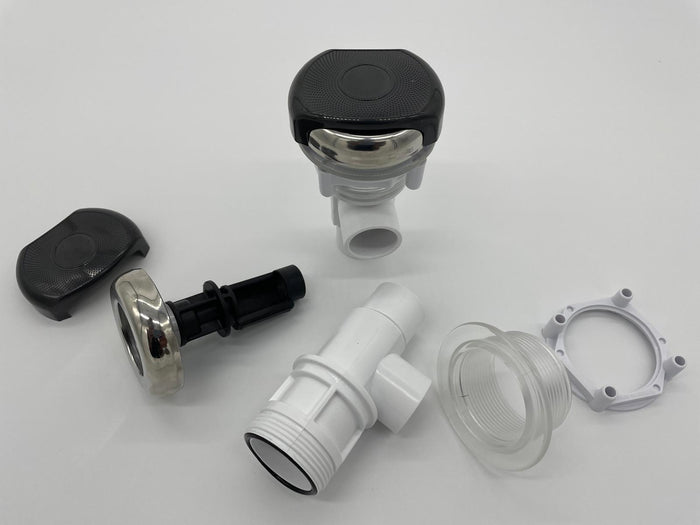 Balboa 2ƒ??way water flow control valve assembly shown disassembled with cap, stem, valve body, and fittings, used for controlling spa waterfall or neck jet water flow.