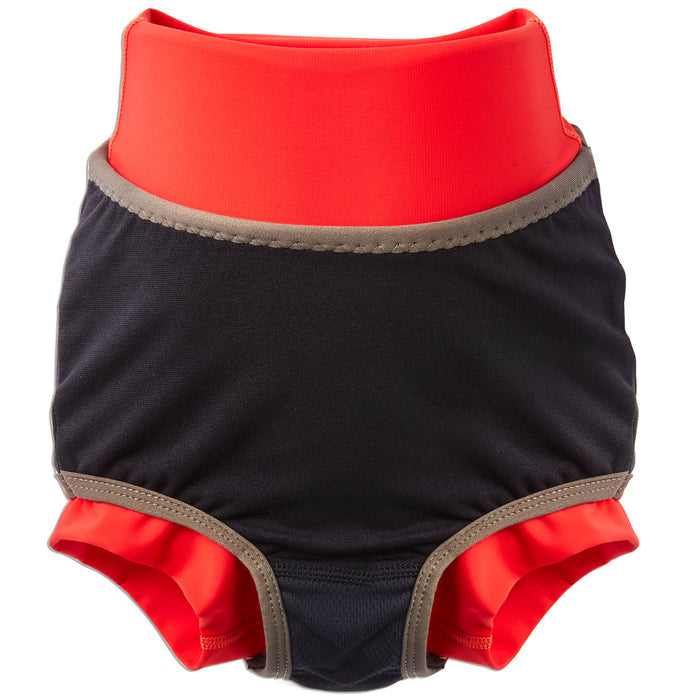 Reusable swim diaper in pink with red ribs and strawberries themed print. Inside out.