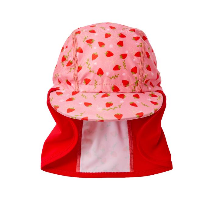 Legionnaire style sun hat in pink and red, with strawberries themed print panel. Front.