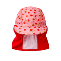Legionnaire style sun hat in pink and red, with strawberries themed print panel. Front.