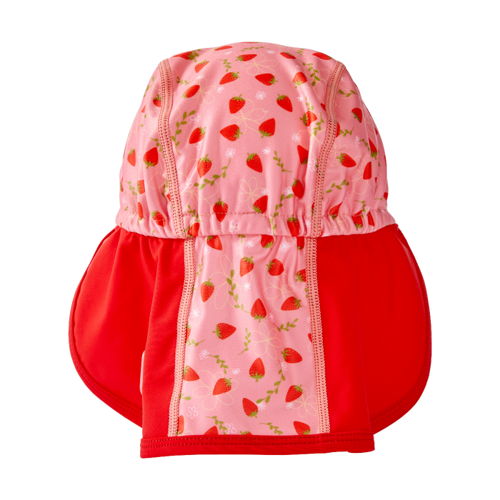 Legionnaire style sun hat in pink and red, with strawberries themed print panel. Back.