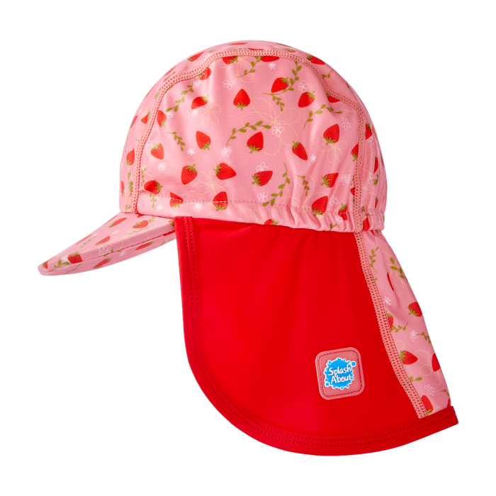 Legionnaire style sun hat in pink and red, with strawberries themed print panel. Side.