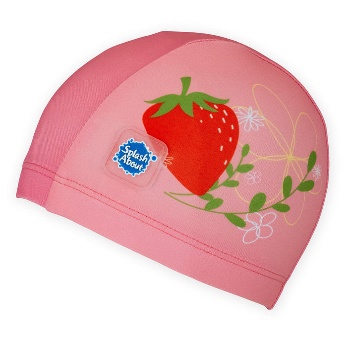 Baby swim hat in pink featuring strawberries themed print.