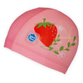 Baby swim hat in pink featuring strawberries themed print.