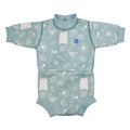 Baby wetsuit with built in swim diaper in greenish blue with animals themed print, including bears, birds and llamas. Front.