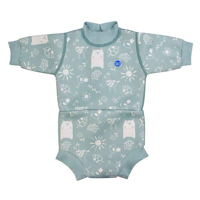 Baby wetsuit with built in swim diaper in greenish blue with animals themed print, including bears, birds and llamas. Front.