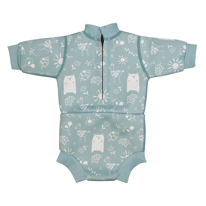 Baby wetsuit with built in swim diaper in greenish blue with animals themed print, including bears, birds and llamas. Back.