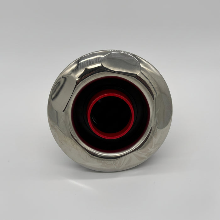 150mm spa jet with chrome face, black body and red centre shown with jet body, sealing gasket and retaining nut