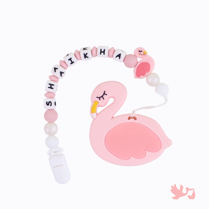 Flamingo Teething Set with silicone teether and clip by Mommy's Charms