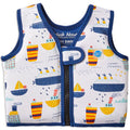 Neoprene swim vest for toddlers with non-removable floats in white, navy trims and boats themed print. Front.