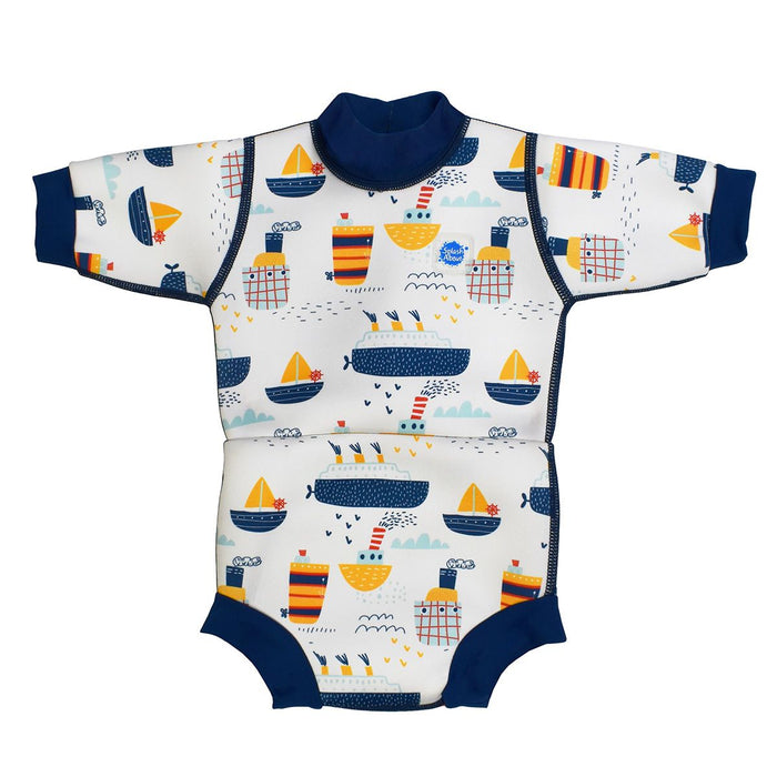 Baby wetsuit with built in swim diaper in white with navy trims and boats themed print. Front.