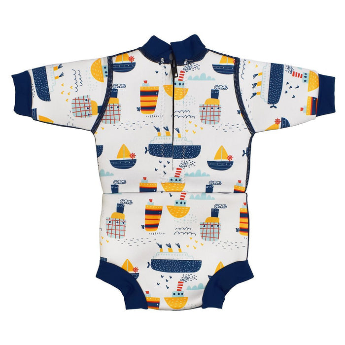 Baby wetsuit with built in swim diaper in white with navy trims and boats themed print. Back.