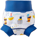 Happy Nappy in white with navy blue trims, featuring boats themed print. Front.