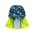 Legionnaire style sun hat in navy and lime, with turtles and mantarays themed print panel. Front.