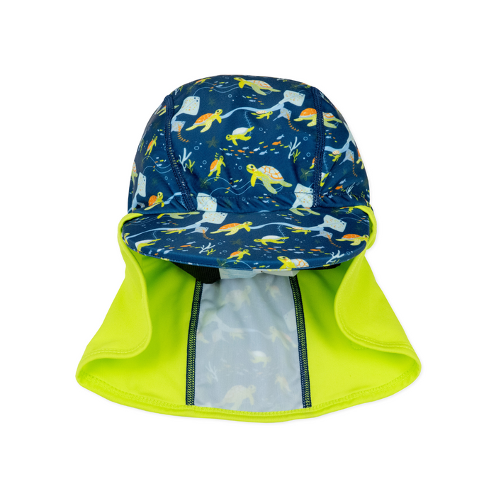 Legionnaire style sun hat in navy and lime, with turtles and mantarays themed print panel. Front.