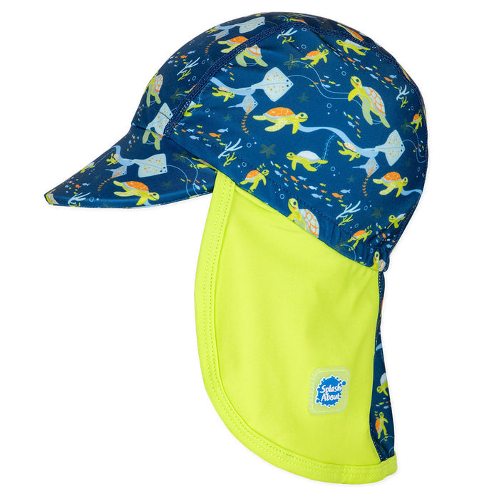 Legionnaire style sun hat in navy and lime, with turtles and mantarays themed print panel. Side.