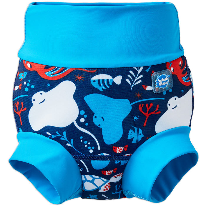 Reusable swim diaper in navy with cyan ribs and sea creatures themed print. Front.