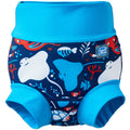 Reusable swim diaper in navy with cyan ribs and sea creatures themed print. Front.