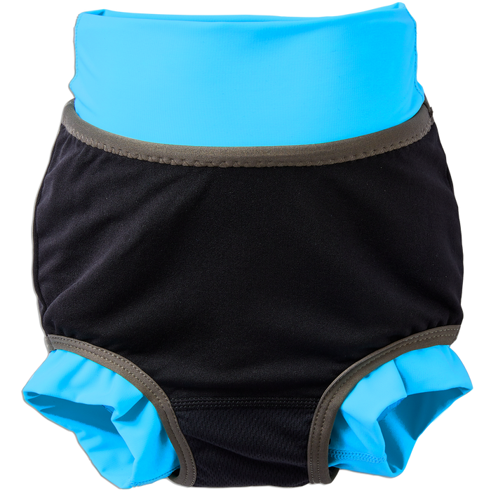 Reusable swim diaper in navy with cyan ribs and sea creatures themed print. Inside out.