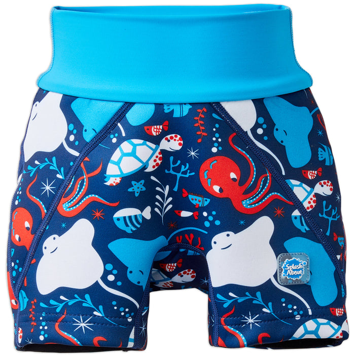 Neoprene swim shorts in navy, blue trims and under the sea themed print. Front.