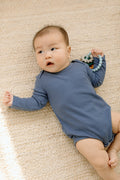 Loulou Lollipop Waffle Long Sleeve Bodysuit in Denim Blue — front view on white background